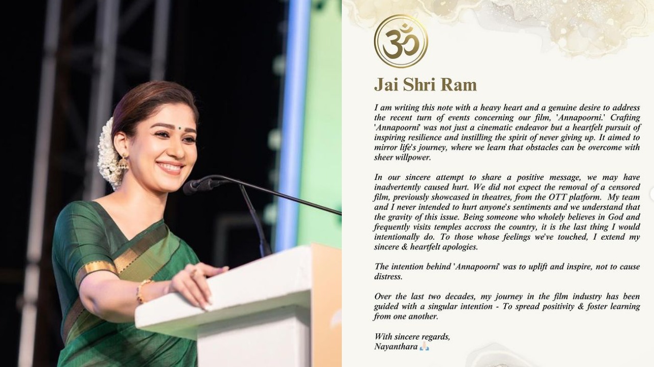 Nayanthara : సారీ చెప్పిన నయనతార.. ‘అన్నపురాణి’ సినిమా వివాదంపై స్పందించి.. జై శ్రీరామ్ అంటూ.. Nayanthara : సారీ చెప్పిన నయనతార.. ‘అన్నపురాణి’ సినిమా వివాదంపై స్పందించి.. జై శ్రీరామ్ అంటూ..