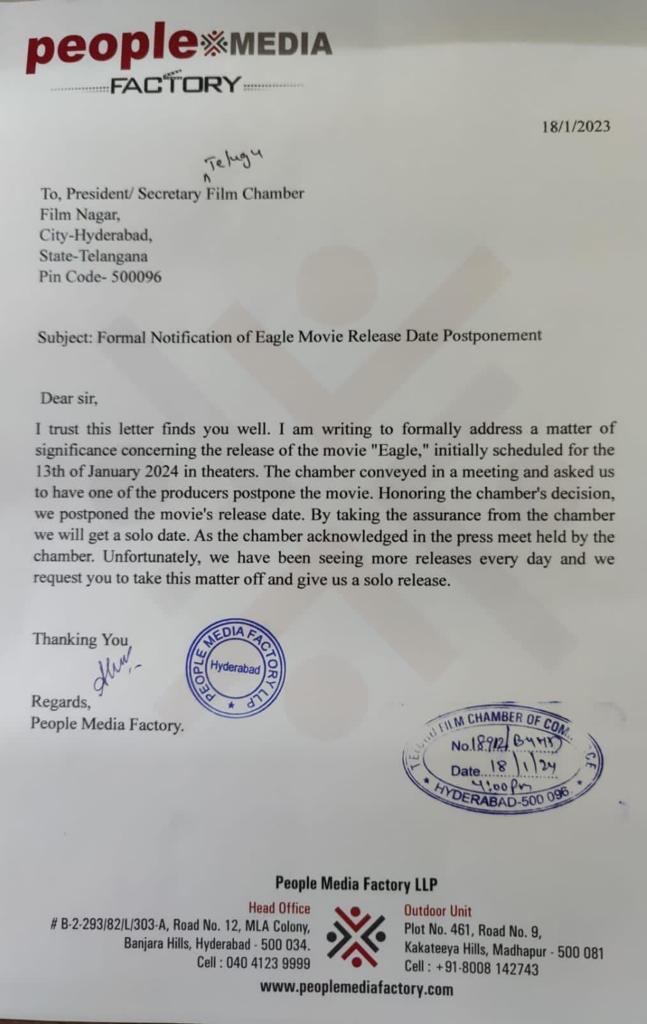 Raviteaj Eagle Movie Producers People Media Factory Letter to Telugu Film Chamber 