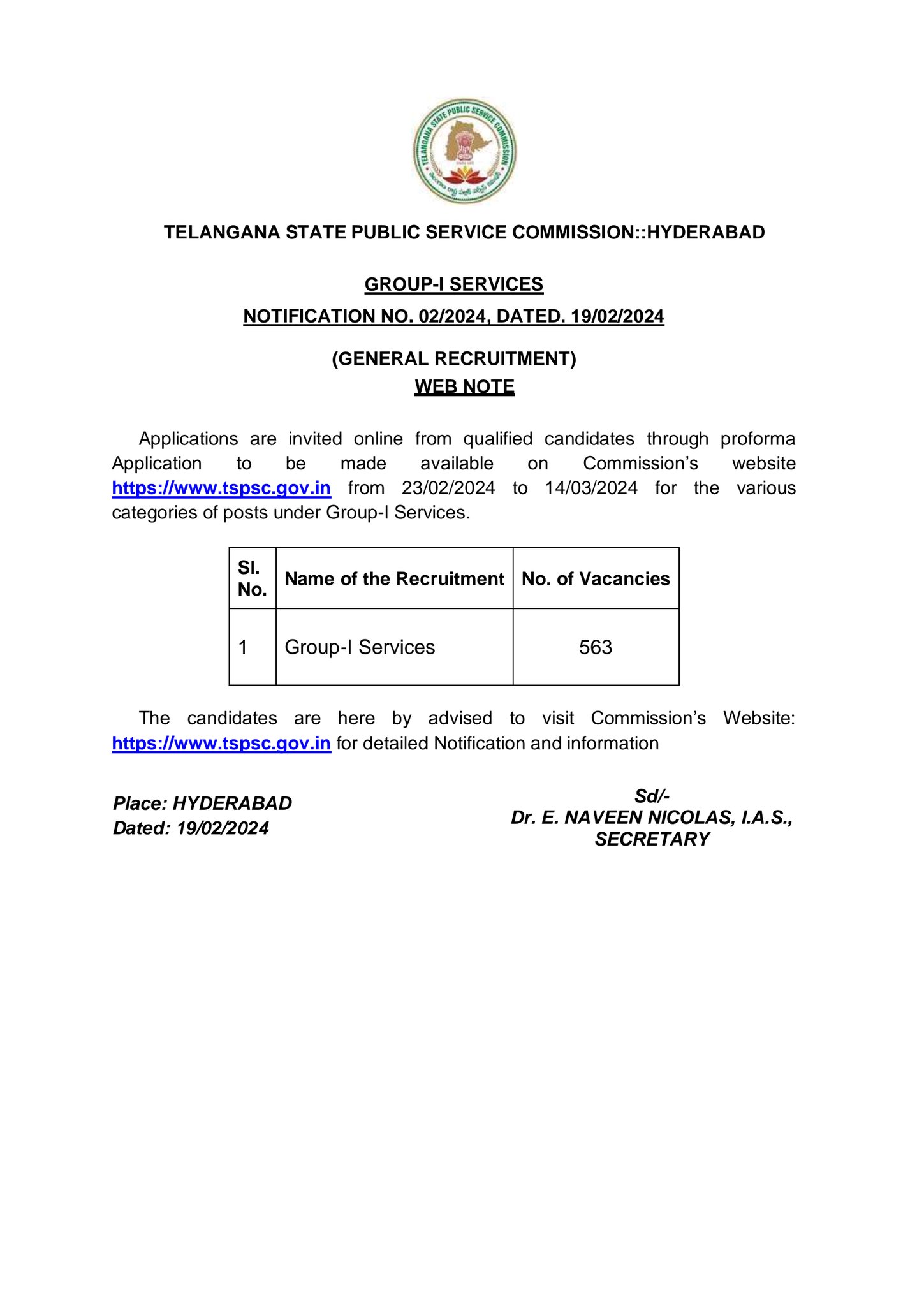 TSPSC Group 1 Notification 2024