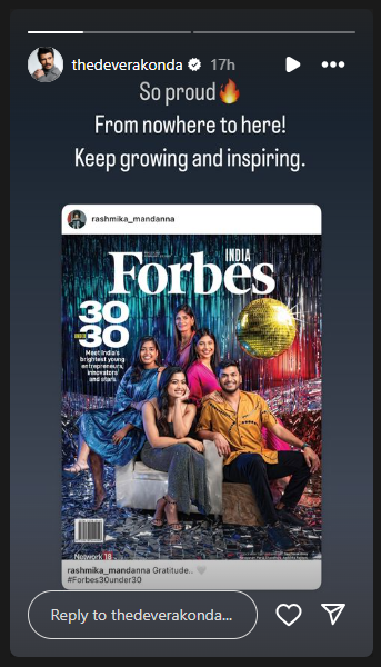 Vijay Deverakonda post on Rashmika Mandanna Forbes India cover pic