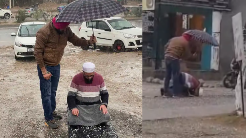 Sikh Man holds umbrella for Muslim Man