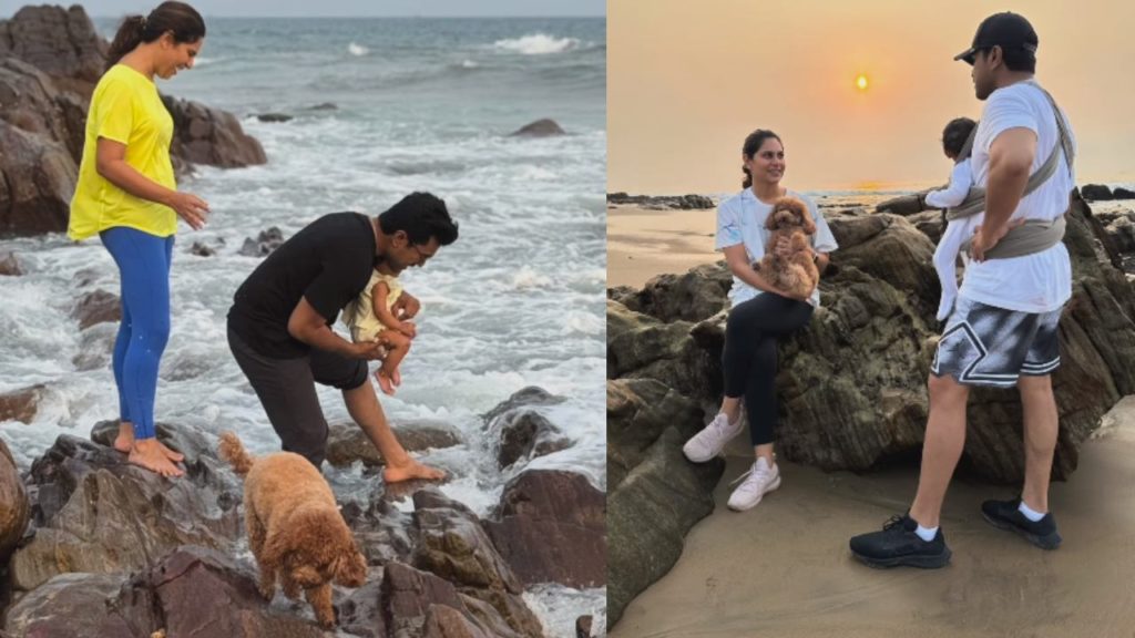 Ram Charan Upasana with her daughter KlinKara at vizag beach