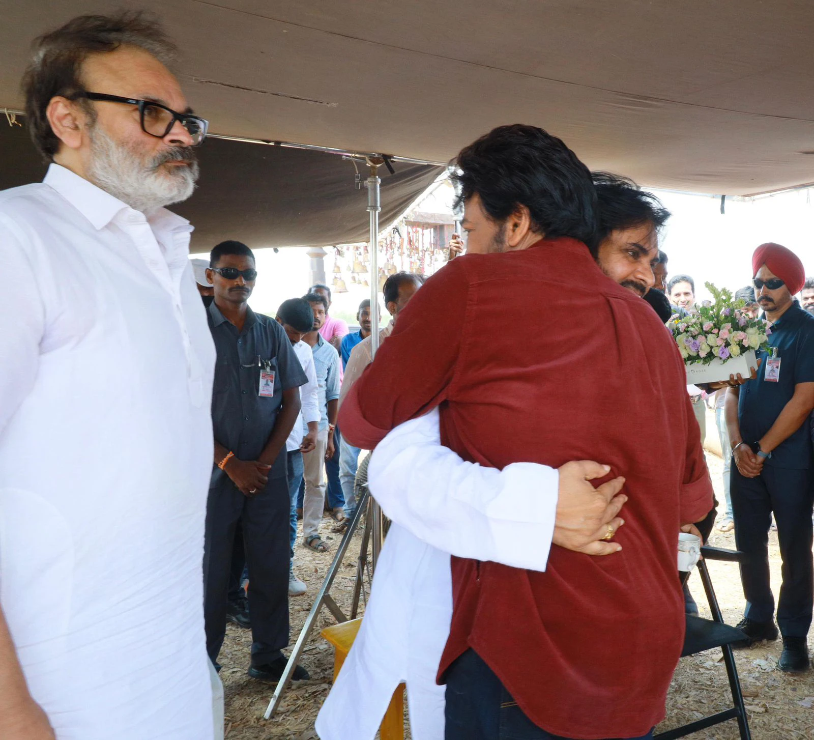Chiranjeevi Pawan Kalyan Photos at Vishwambhara shooting sets