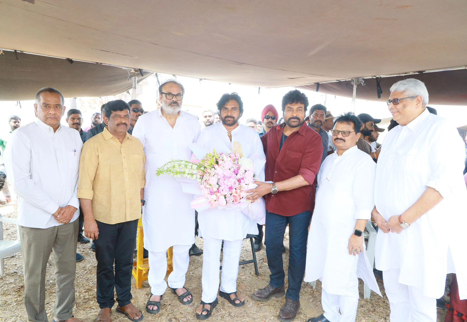 Chiranjeevi Pawan Kalyan Photos at Vishwambhara shooting sets