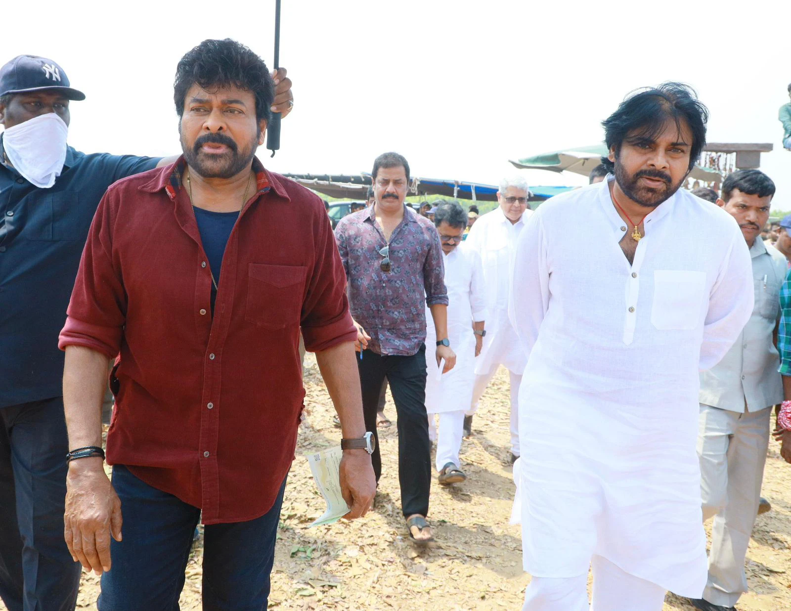 Chiranjeevi Pawan Kalyan Photos at Vishwambhara shooting sets