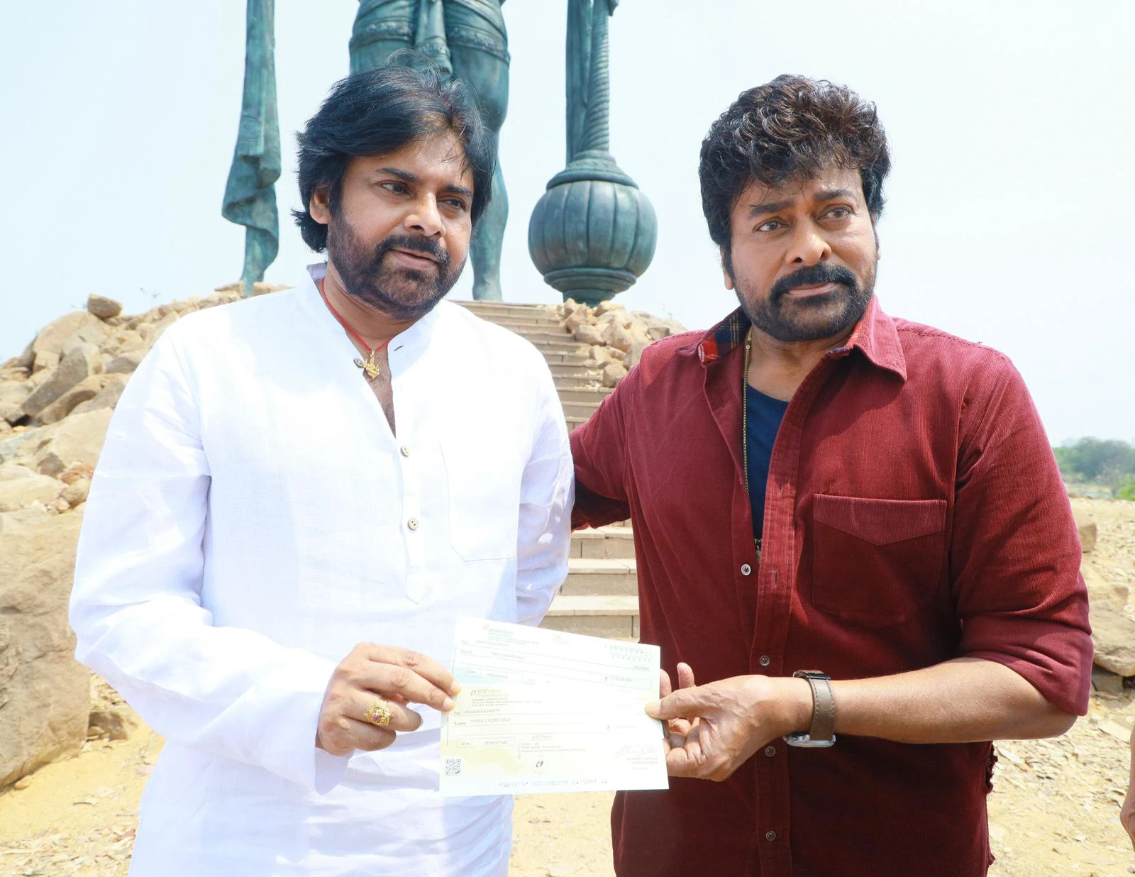 Chiranjeevi Pawan Kalyan Photos at Vishwambhara shooting sets