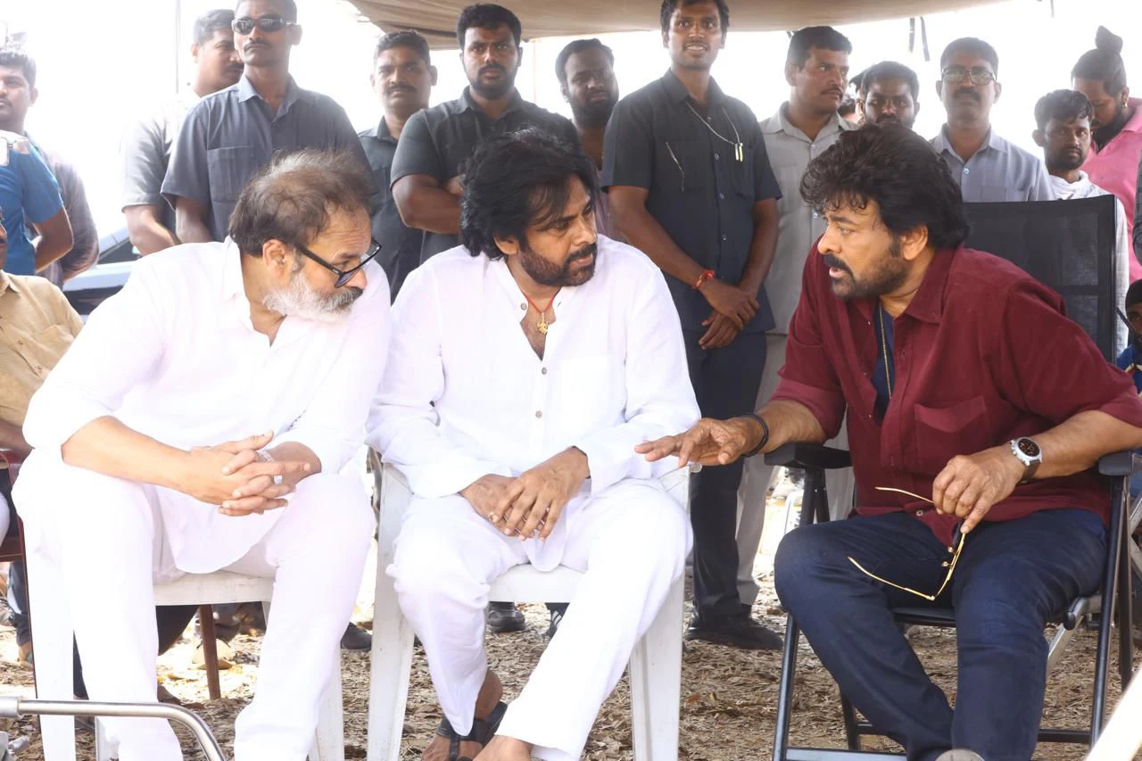 Chiranjeevi Pawan Kalyan Photos at Vishwambhara shooting sets