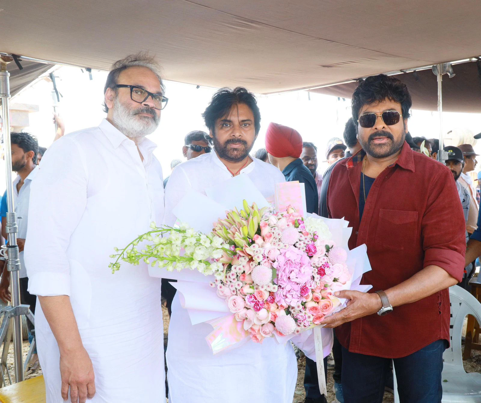 Chiranjeevi Pawan Kalyan Photos at Vishwambhara shooting sets