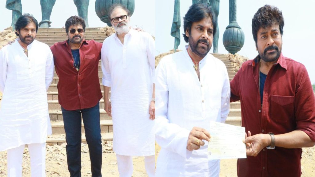 Pawan Kalyan at Chiranjeevi Vishwambhara movie sets photos gone viral