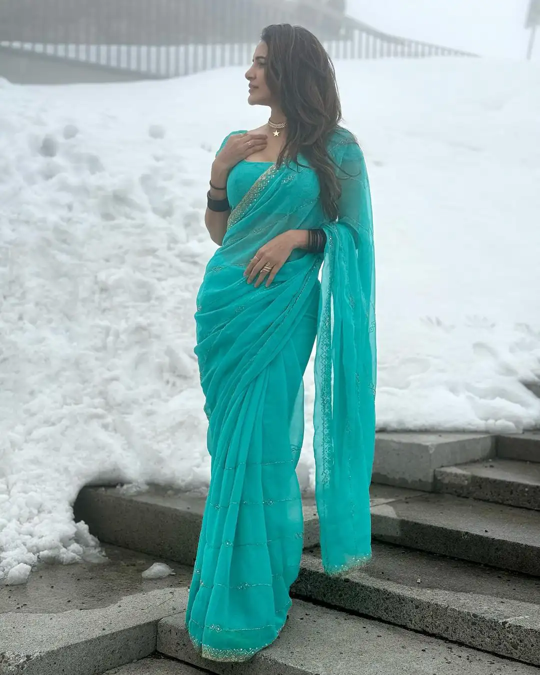 Aashu Reddy Enjyoing at Switzerland Ice in Saree