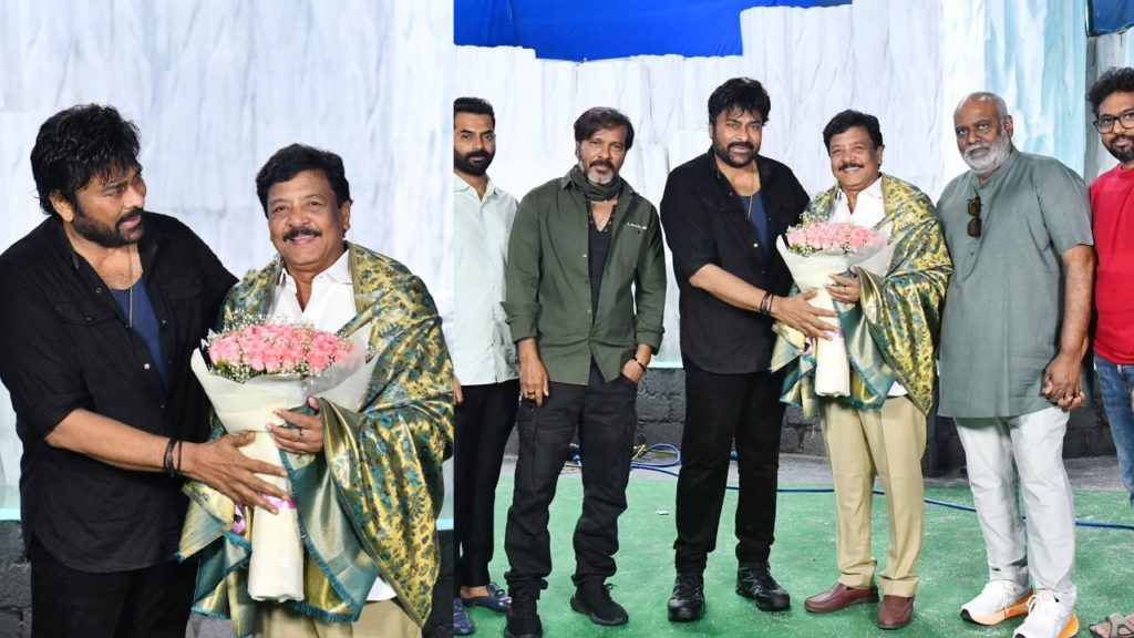 Megastar Chiranjeevi Meets AP Cinematography Minister Kandula Durgesh in Vishwambhara Sets