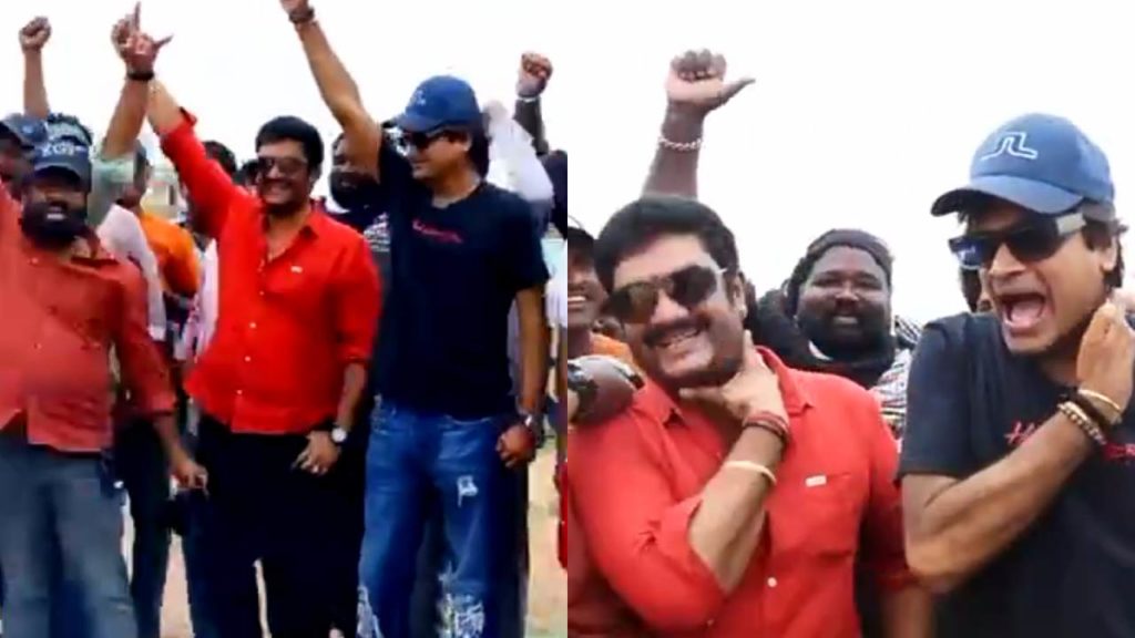 Raviteja Movie Mr Bachchan Unit Celebrates Pawan Kalyan Victory in Movie Set