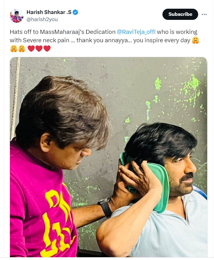 Harish Shankar Shares Raviteja Photo from Shooting He Suffer with Severe neck pain 