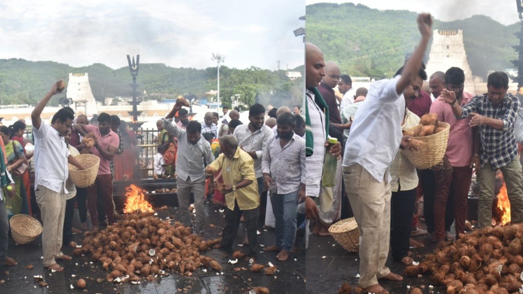 Balakrishna Fan Sridhar Varma Break 664 Coconuts at Tirumala Venkateswara Swami Temple on Balayya Birthday