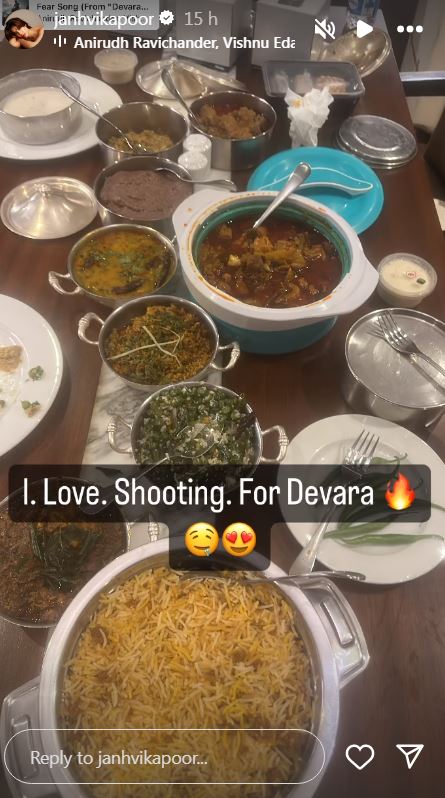 Janhvi Kapoor post a Photo from Devara Shoot Lunch Break with huge Food Items 