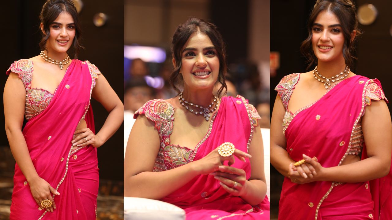 Kavya Thapar : గులాబీ చీరలో కావ్య థాపర్ మెరుపులు.. విశ్వం ప్రీ రిలీజ్ ఈవెంట్లో..