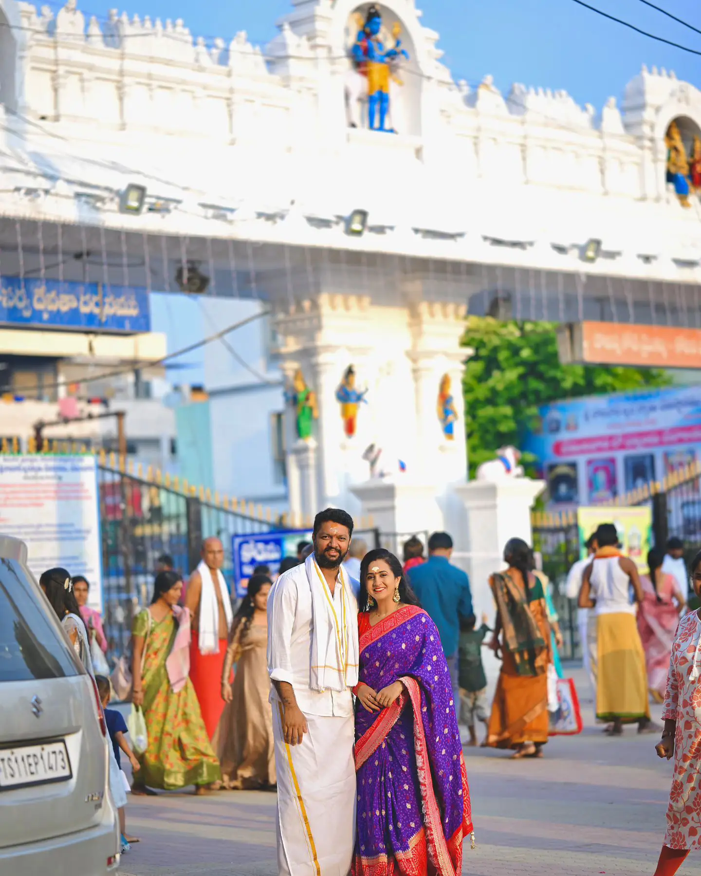 Anchor Lasya Visits Vemulawada Temple with Her Husband Manjunath