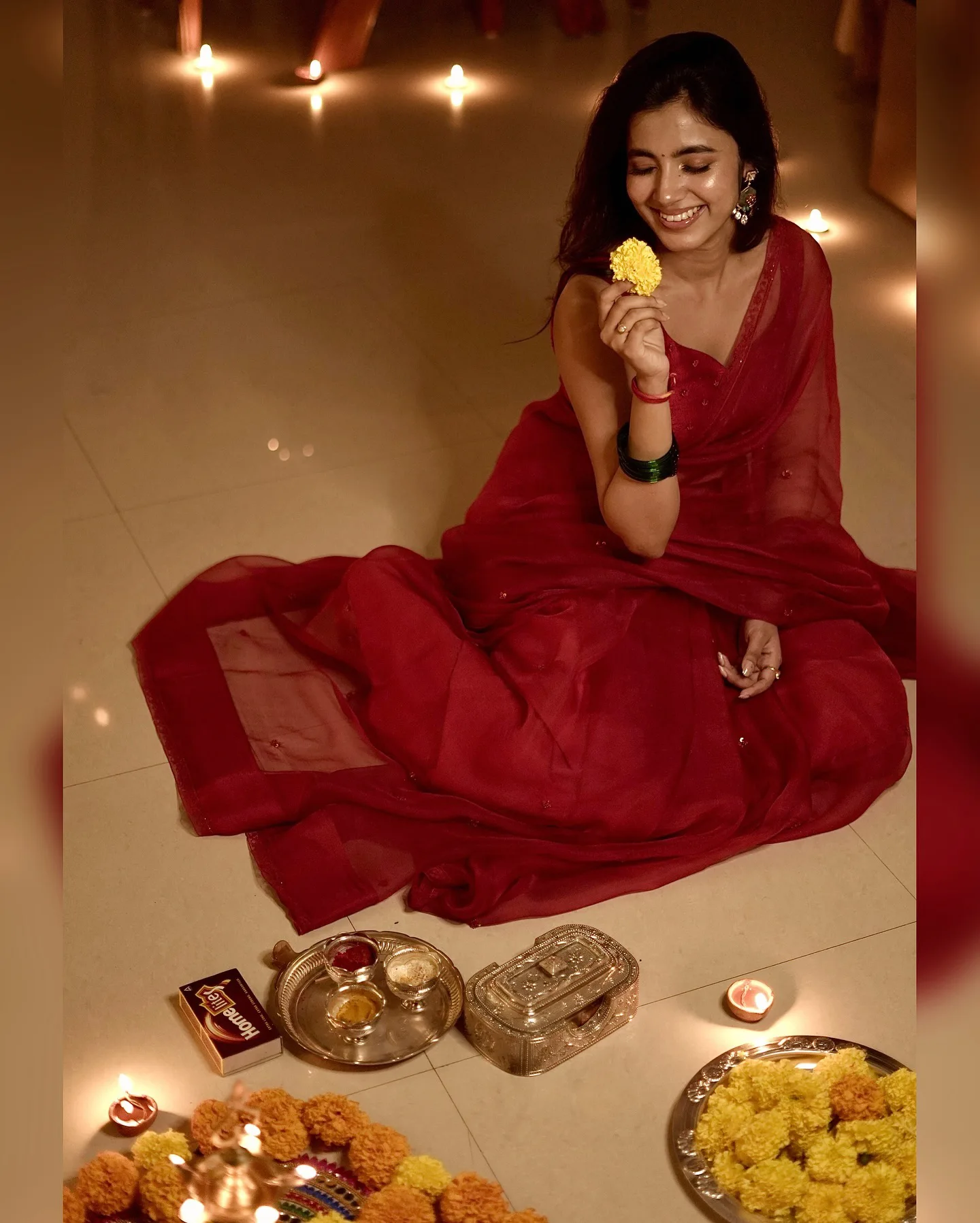 Shivani Nagaram Shines in Red Saree for Diwali