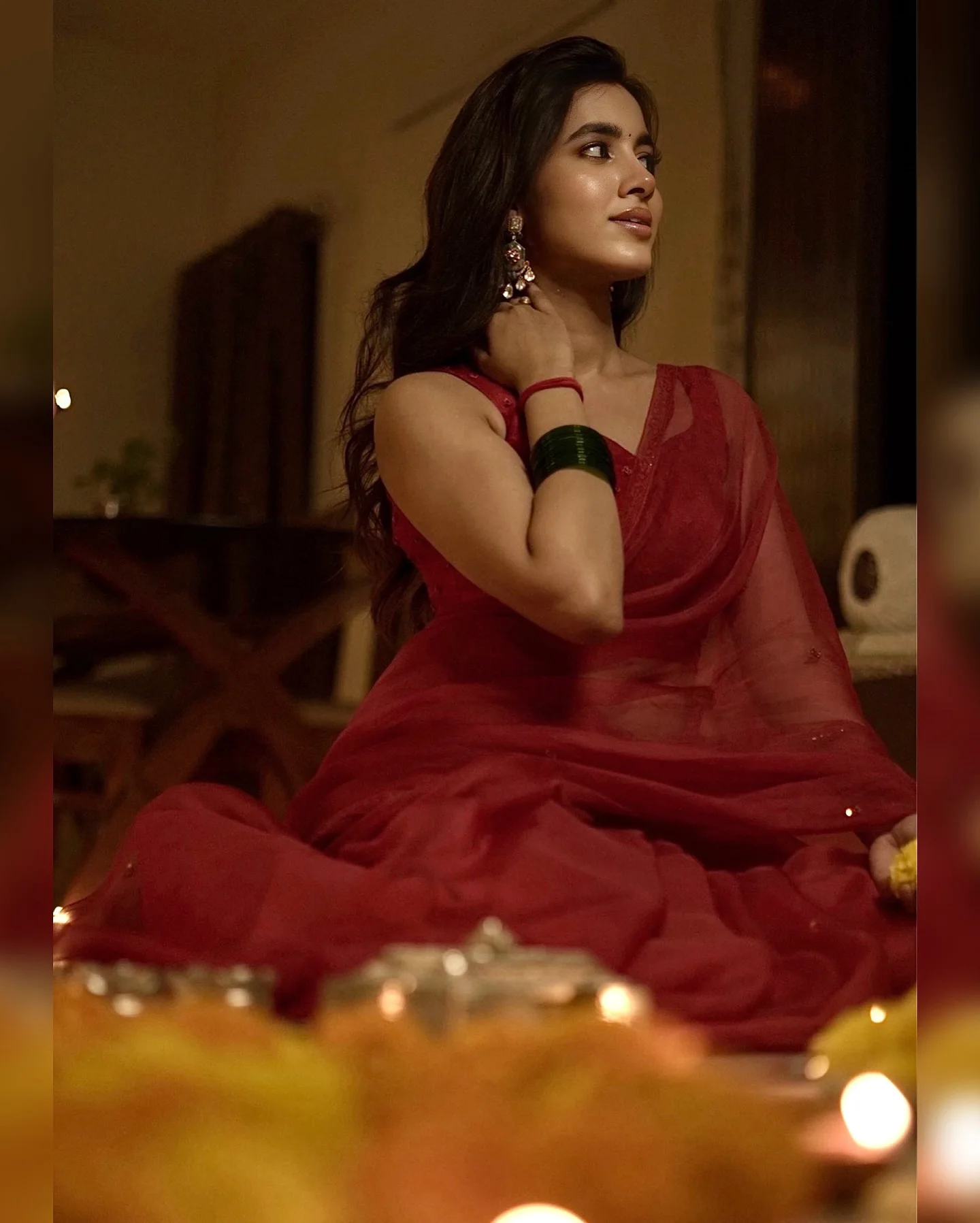 Shivani Nagaram Shines in Red Saree for Diwali
