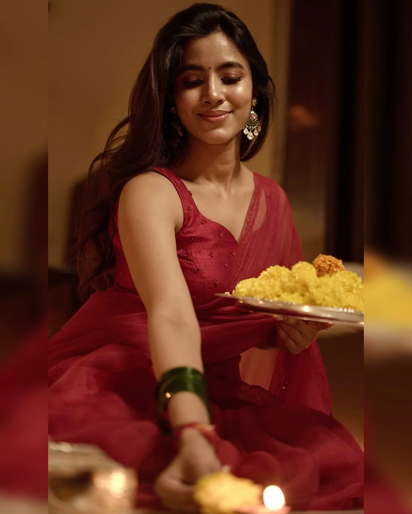 Shivani Nagaram Shines in Red Saree for Diwali