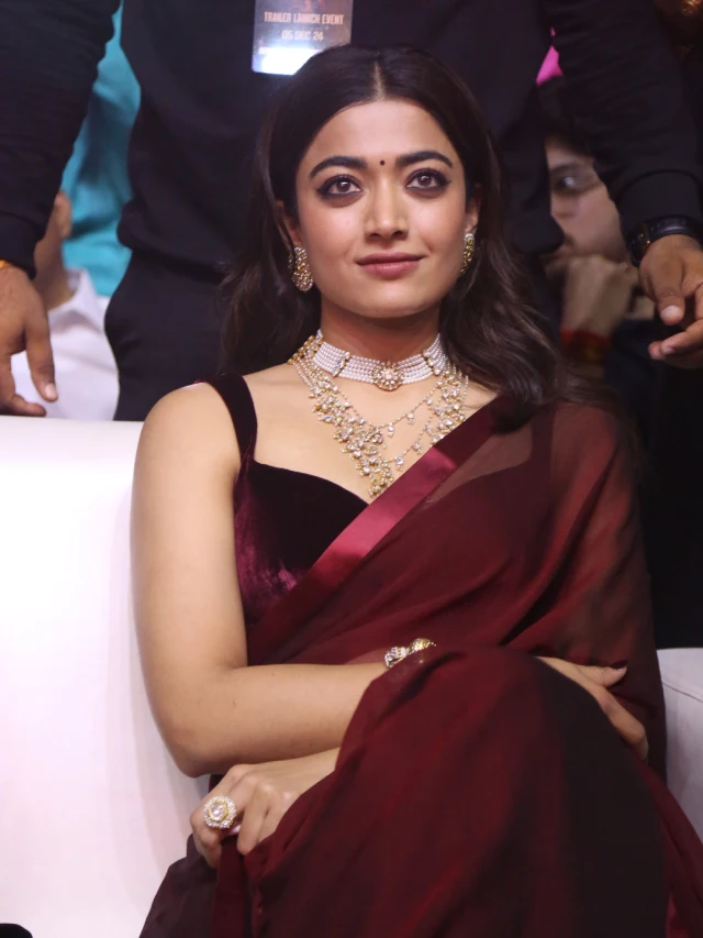 Rashmika Mandanna Stunning Looks in Saree at Pushpa 2 Trailer launch Event