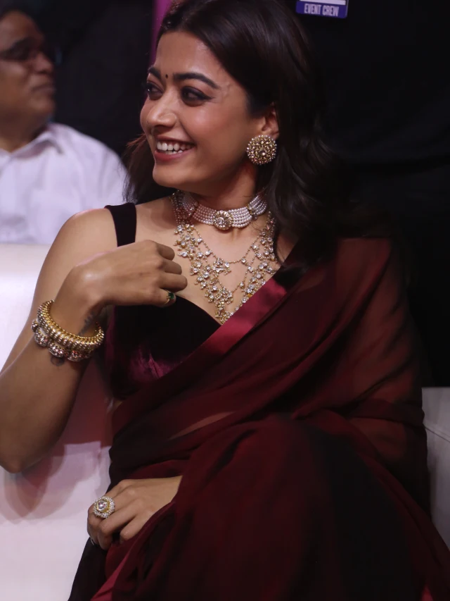 Rashmika Mandanna Stunning Looks in Saree at Pushpa 2 Trailer launch Event
