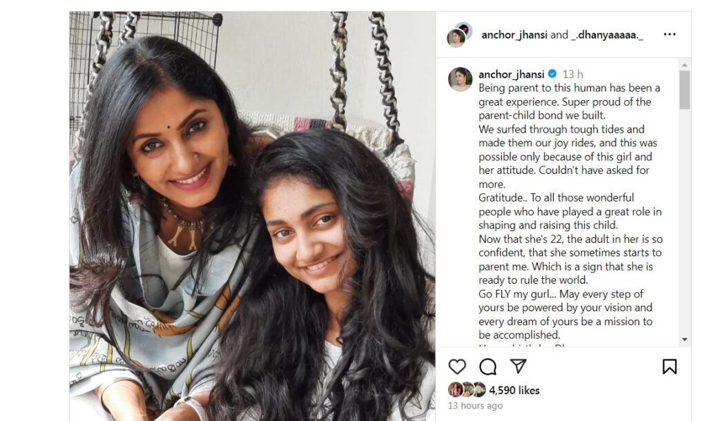 Did you know about Anchor Jhansi Daughter Jhansi shares a special post on her Daughter Dhanya