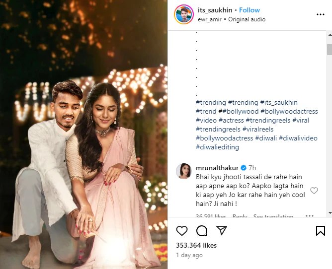 Mrunal Thakur fires on Fake Edit of her on Diwali later praised for that edit 