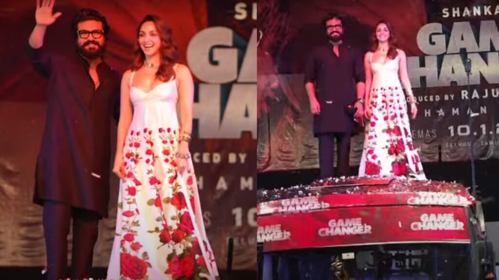 Ram Charan Kiara Advani Grand Entry on Bus at Game Changer Teaser Launch event