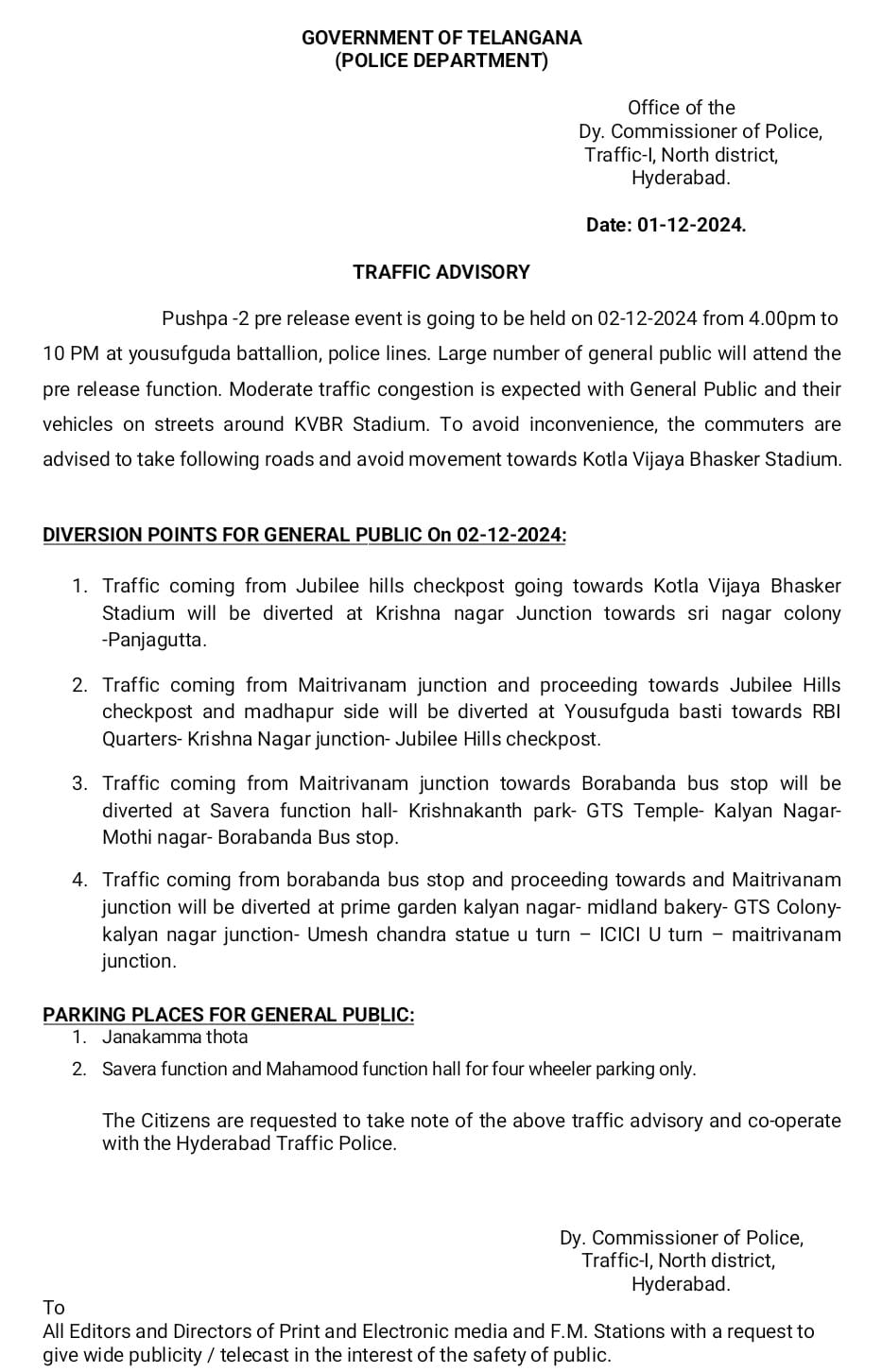 Pushpa 2 Hyderabad Event Traffic Advisory from Police Department Here Details 