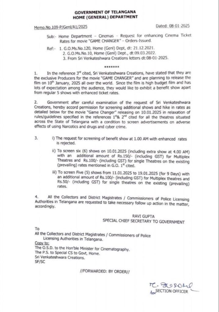 Game Changer Ticket Rates Hike gives in Telangana Here Details 