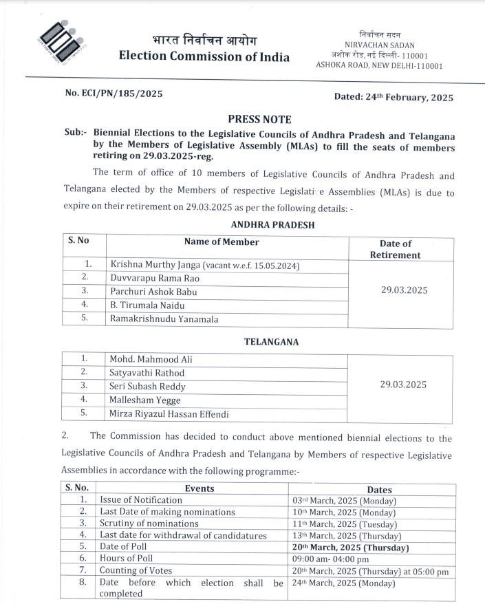 MLC Election Notification on Telangana and Andhra Pradesh