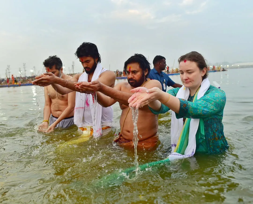 Pawan Kalyan at Maha Kumbh Mela with Family and Trivikram