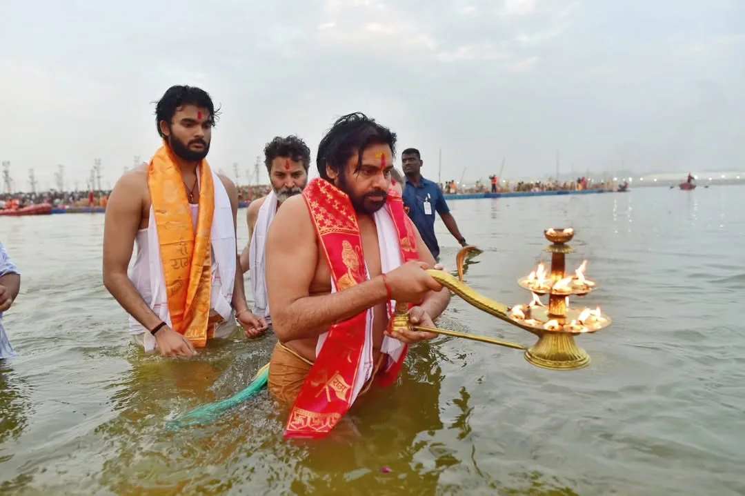 Pawan Kalyan at Maha Kumbh Mela with Family and Trivikram