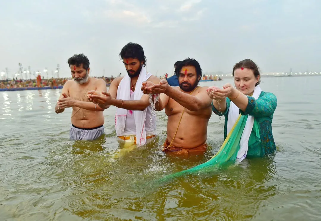 Pawan Kalyan at Maha Kumbh Mela with Family and Trivikram