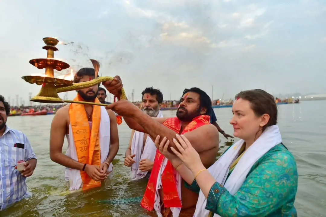 Pawan Kalyan at Maha Kumbh Mela with Family and Trivikram