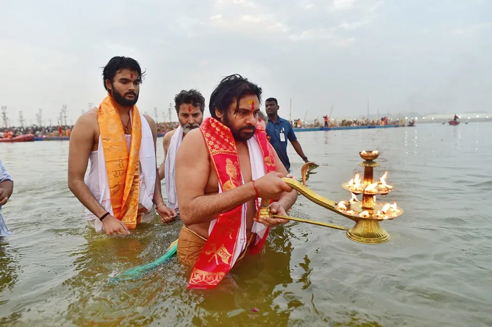 Pawan Kalyan at Maha Kumbh Mela with Family and Trivikram