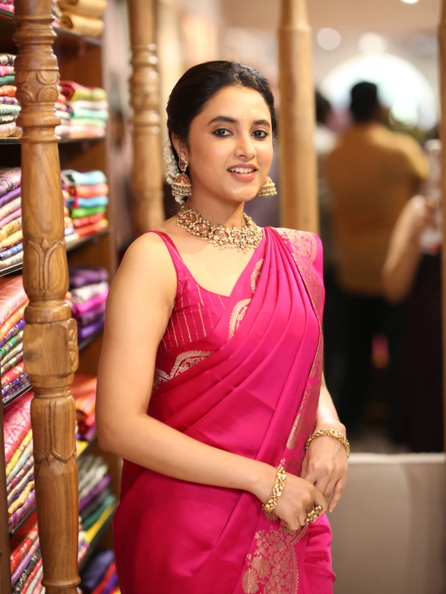 Priyanka Mohan in Pink Saree at Shop Opening
