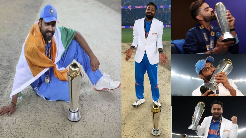 Team India cricketers iconic pose with ICC Champions Trophy 2025 pics viral