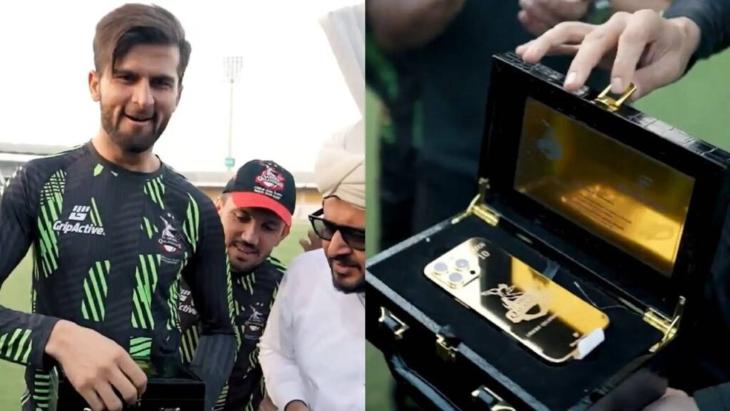 Shaheen Afridi lahore receives a 24k gold plated iphone 16 pro from qalandars