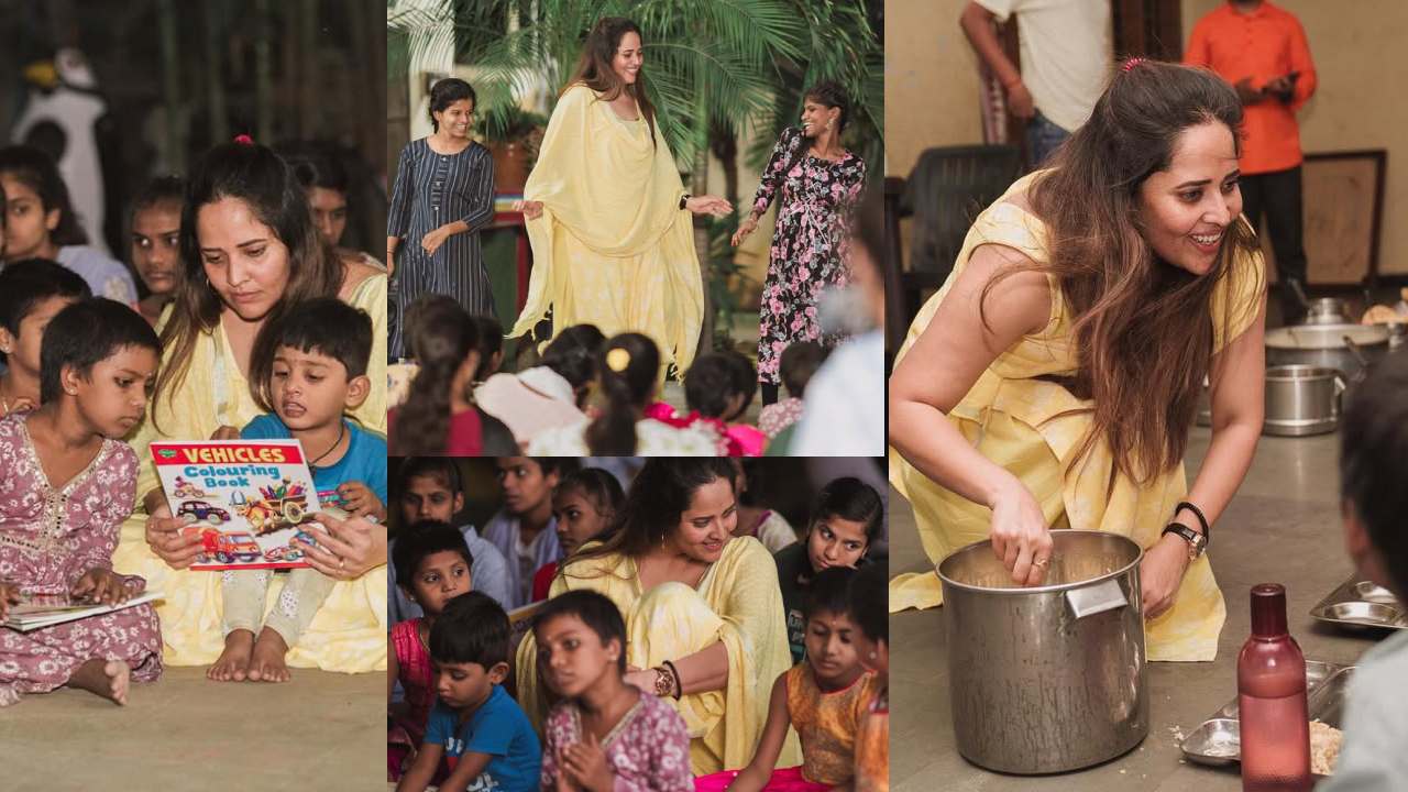 Anasuya Bharadwaj : అనాథ పిల్లలతో అనసూయ.. భోజనం పెట్టి, బుక్స్ ఇచ్చి, వాళ్ళతో స్టెప్పులు వేసి.. ఫొటోలు వైరల్..