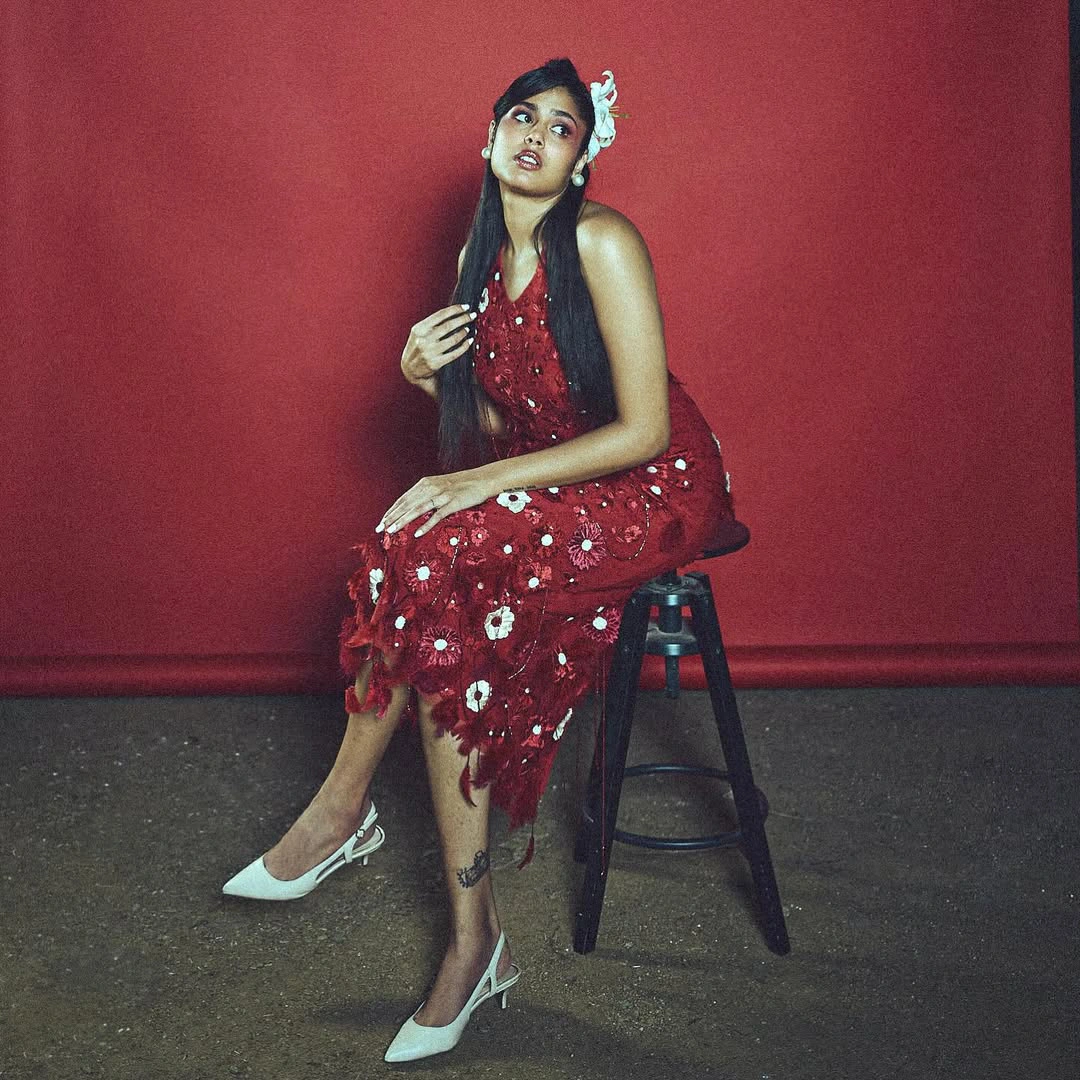 Faria Abdullah Shies in Maroon Dress