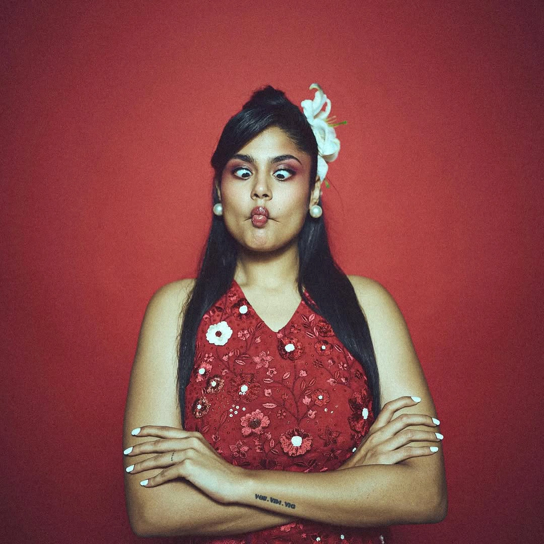 Faria Abdullah Shies in Maroon Dress