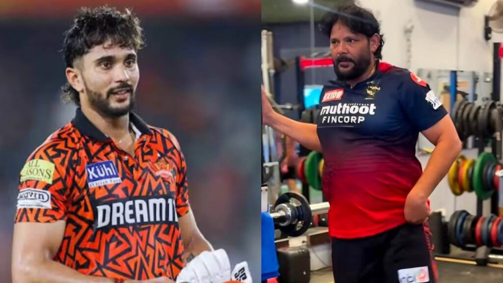 Nitish Kumar Reddy father in RCB jersey during his gym session