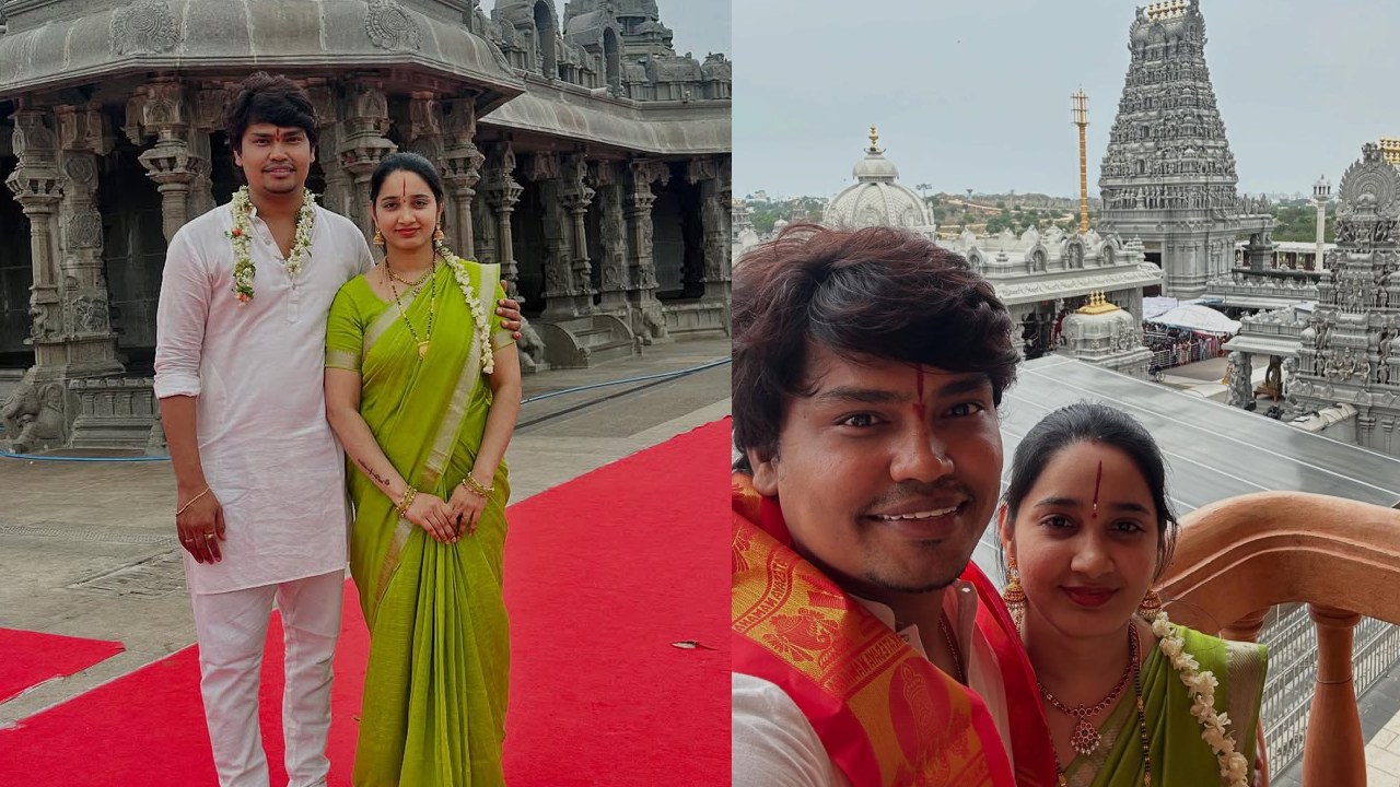 Kevvu Kartheek : భార్యతో కలిసి జబర్దస్త్ కెవ్వు కార్తీక్.. స్వర్ణగిరి ఆలయంలో.. ఫొటోలు..
