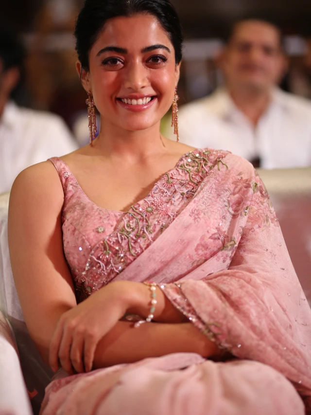 Rashmika Mandanna Cute Photos in Saree from Kuberaa Pre Release Event