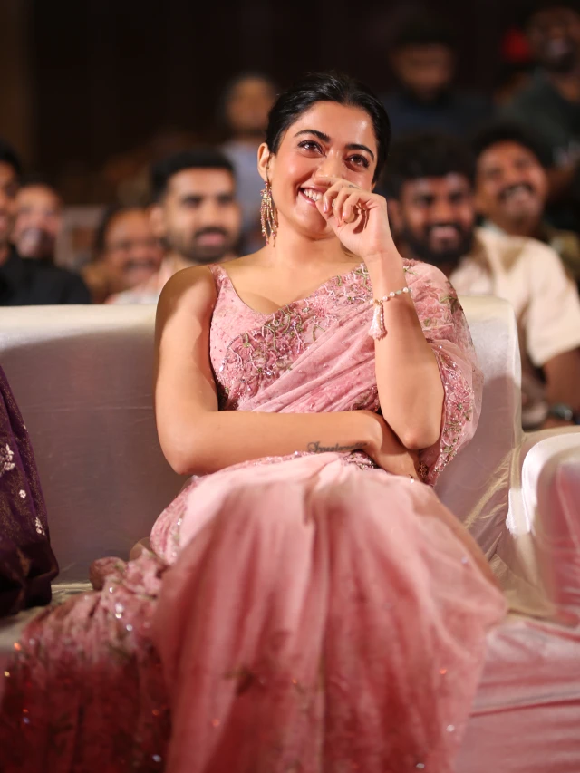 Rashmika Mandanna Cute Photos in Saree from Kuberaa Pre Release Event