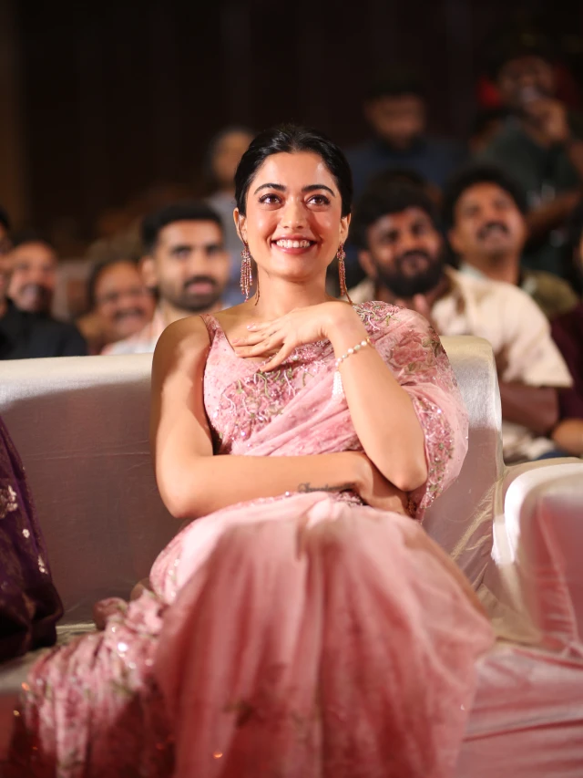Rashmika Mandanna Cute Photos in Saree from Kuberaa Pre Release Event
