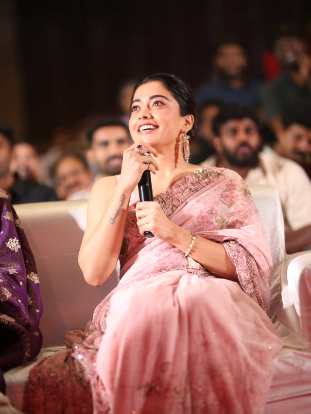Rashmika Mandanna Cute Photos in Saree from Kuberaa Pre Release Event