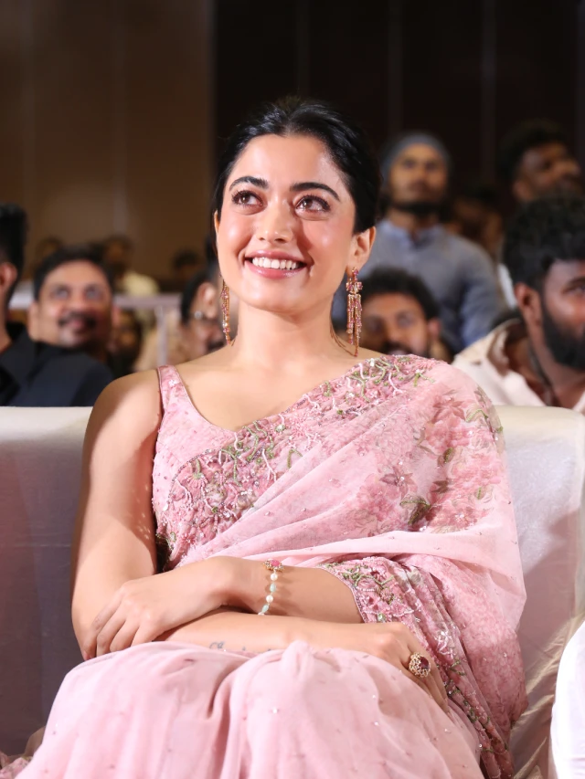 Rashmika Mandanna Cute Photos in Saree from Kuberaa Pre Release Event